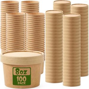 Engångskoppar sugrör 100 pack papper soppa behållare med lock mat kraft glass skål kopp