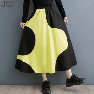 Spódnice elastyczna talia A-line luźne fit czarny żółty patchwork w stylu koreański kobieta długa spódnica swobodna święto jjsk083