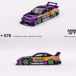 Diecast Model Cars Minigt 1 64 S15 Silvia LB Super Silhouette #555 2022 Elektropläterad lila legeringsbil Modell 576 T240513