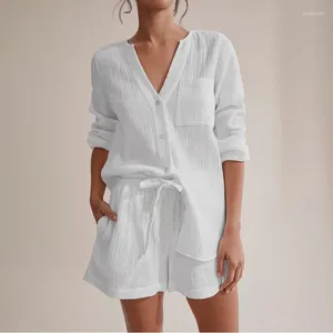 Home Clothing Summer White Long-Sleeved Air Conditioning Clothes Double-Layer Gauze Shorts Suit Cotton Pajamas Women's Skin-Friendly H