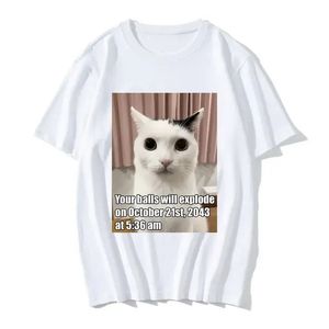 Camiseta masculina Funny Cat Print Your Balls Explodirá a moda masculina e feminina Casual Alfabet Hip Hop Street Top