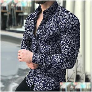 Mens Casual Shirts Men Dress Shirt Long Sleeve Floral Print Slim Fits Man Designer High Quality Solid Male Clothing Fit Business Drop Dhumi