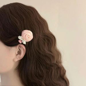 Haarzubehör Französisch Retro Pink Mesh Rose Haarnadel Mori Style Süße Kopfbedecke Super Feen Perle Bow Blume Seitenclip elegantes Accessoire Geschenk