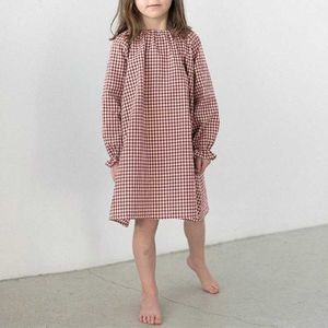 Tlog Girl's Dresses 2024 Spring新しい綿赤チェッカードレス