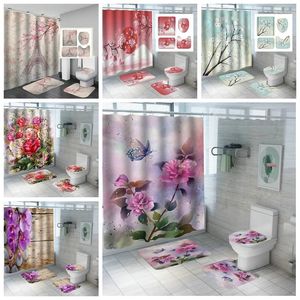 Zasłony prysznicowe Wystrój wanna 4PC Set pokój Kwiatowe liście motyla do druku Wodoodporna kurtyna dywan łazienka wc dywan podkładka