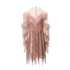 Europa och USA: s kvinnor 2024 Summer New Long Sleeve Standing Collar Heavy paljett Fashion Pink Dress XXL