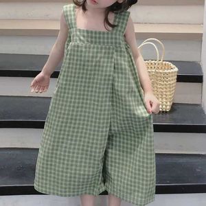 Overalls Girls Summer jumpsuit Plaid Sling Korean 2022 Fashion New Wide Leg Pants Baby Clothing Childrens d240516