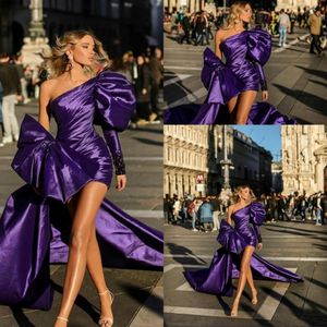 2021 sexy lila kurze Abendkleider mit abnehmbarem Zug Übertrieben ein Schulter -Promkleider Bogen Glitzer Festzug Kleid für Mädchen Cockt 152u