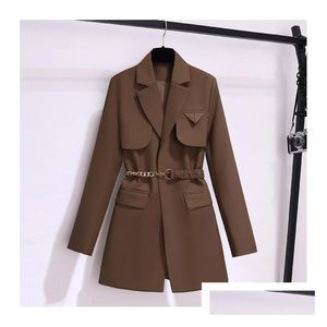 Jackets femininas Mulheres roupas de roupa externa Autumn Winter Office Office Ladies Elegante Jaqueta Sólida Casaco Longo Correia Metal de Metal de Metal Dhq0i