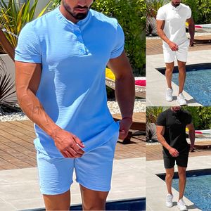 Men's short sleeved shorts two-piece sports casual solid color cotton linen men's set M515 47