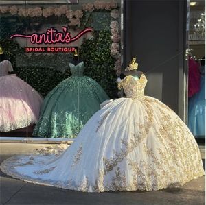 Mexico Champagne Off the Shoulder Quinceanera Dress Beaded Appliques Princess Ball Gown for Sweet 16 Birthday Party Robe De Bal