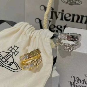 Märke Högutgåva Westwoods Double Layered Belt Head Sparkling Diamond Ring för kvinnors ljus lyxpar Nagel