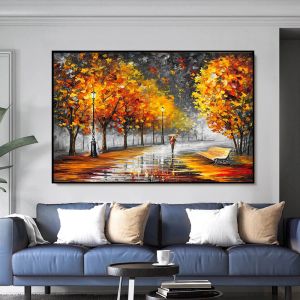 Large Lover Rain Street Tree Lamp Knife Landscape Oil Painting On Canvas Wall Art For Living Room Home Decor Picture