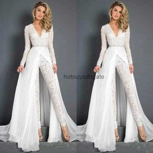 2021 Bohemian Lace Chiffon Wedding Dresses Jumpsuits Bridal Gowns With Overskirt Modest V Neck Long Sleeve Boho Beach Pant Suits Bride dress