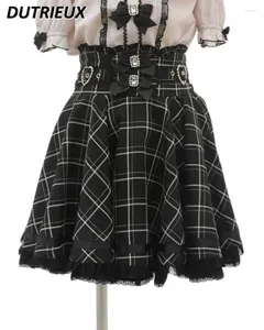 Skirts Japanese Mine Black Skirt For Women Faldas Sweet Lolita Short Spring Autumn Ribbon Bow Diamond Pearl Buckle Plaid