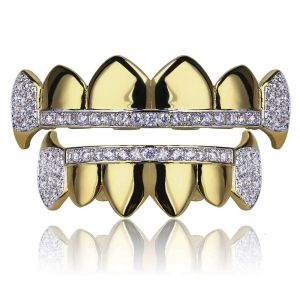 Grills 18K Real Gold Teeth Grillz Caps Iced Out Top Bottom Vampire Fangs Dental Grill Set Wholesale k3