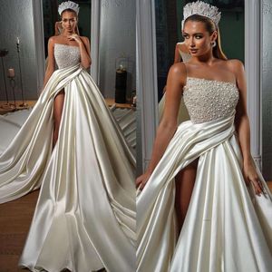 Vintage ein Linienkleid für Braut Sheer Juwel Perlen Satin Brautkleider Brautkleider Vestidos Novia Oberschenkel geteilte Länder Robe de Mariage 0515