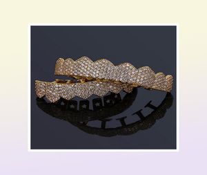 Iced Out CZ Mouth Teeth Grillz Caps Top Bottom Grill Set Men Women Vampire Grills 18K Gold Plated Rock Punk Rapper Accessories9349690