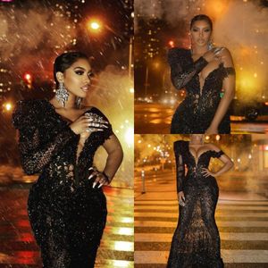 Sparkly Black Mermaid Prom Kleider 2021 Arabisch afrikanische Spitzenpailletten Single Langarm Frauen plus Größe formelle Abendkleider 193t