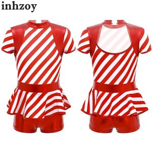 Cosplay Kids Girls Christmas Costumes Xmas Party Stage Performance Shorty Unitard Dress Short Sleeve Striped Leotard Jumpsuit DancewearL2405