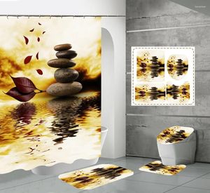 シャワーカーテンゼン石の湖の秋の黄色の葉の波紋バスルームカーテンセットラグカーペットトイレのふたカバーバスマットセット