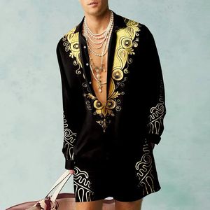 Ethnic style retro mens two-piece Hawaiian long sleeved shirt set summer leisure vacation beach shirt set 240430