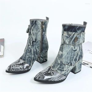 Stiefel Frauen Knöchel 6 cm klobig High Heel Botte Femme spitzer Zehen Gummi -Schuhe Ladies Punk Style Jean Riding Botas