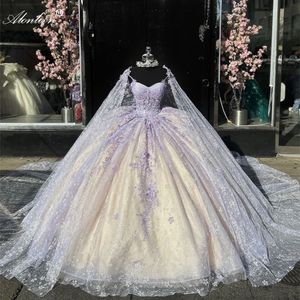 빈티지 연인 푸른 볼 가운 Quinceanera 드레스 바닥 길이 스파게티 스트랩 구슬 진주 보라색 아플리케 레이스 이브닝 드레스 파티 생일 가운