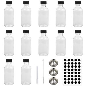 12pack 2oz glasflaskor med mössor, wellness sköt flaskor ingefära skott provflaskor för whisky, oljor, varm sås, juice, med trattar, etiketter, borste