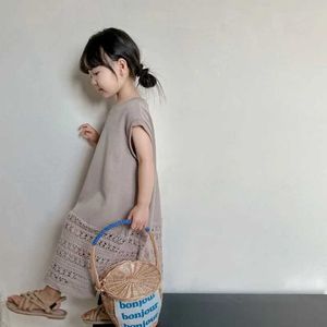 女の子のドレスガールズドレス2023夏の新しいかぎ針編みパッチワークファッションソリッドカラーかわいい女の子カジュアルシンプルドレスD240515