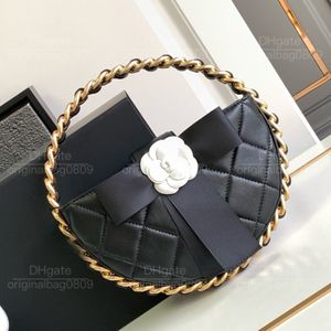 12A najwyższej jakości designerskie torebki kreatywne sens okrągły nisza camellia ozdobna klasyczna czysta czarna 22cm stylowe torby luksusowe torby z wykwintnym pudełkiem.