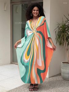 Plus Size Boho Print Kaftan 2024 Summer Beach Dress Swimsuit Coverup For Women Hand-knit V Neck Batwing Sleeve House Robe Q1628