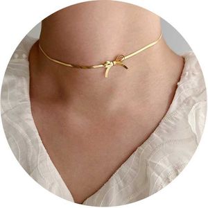 Chokers Minimalist Bow Necklace 18k Gold Plated Stainless Steel Mini Snake Chain Necklace Wedding Jewelry Gift d240514