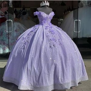 Lavendel bling paljett spets söt 16 quinceanera klänningar 2022 från axeln 3d blommor applikation pärlor korsett klänning vestidos de 15 anos 2642