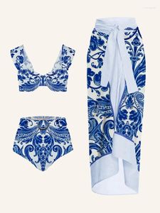 青と白の磁器印刷カジュアルビキニセット女性のためのカバーアップ2024豪華な水着2ピースハイウエスト水着