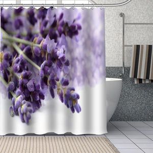 Cortinas de chuveiro Paisagem de flores 3D Lavanda roxa Cortina de banho estampada Telas de decoração de banheiro à prova d'água