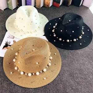 Summer British Pearl Beading Flat Attrezzatura a paglia a tenace Ombreggiatura Sun Lady Beach Sunier Creny Fashion Jazz Cap 240515