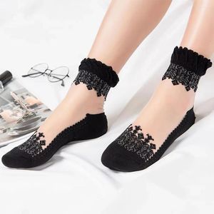 Women Socks Summer Sheer Lace With Anti-slip Cotton Bottom For Breathable Middle Tube Floral Embroidery Short