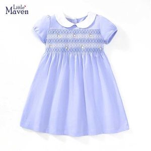Girl's Dresses Little Devil 2024 Childrens Clothing Summer Princess Blue Dress Childrens Clothing Cartoon Embroidered Flower Cotton d240515