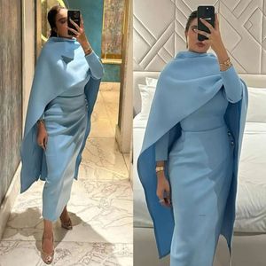 Sky Blue Mother Of The Bride Dresses With Cape Sheath Tea Length Prom Gown For Special Ocns Long Sleeve Muslim Formal Dress Evening Gowns 0515