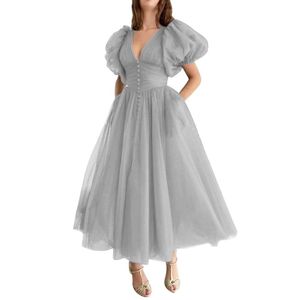 Marsen Puffy Sleeve Prom Tea Lengthフォーマルイブニングドレス