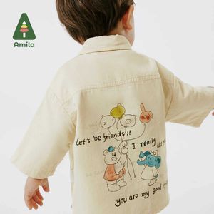 Kids Shirts Amila Baby Shirt 2024 Summer New Literary Cotton Shirt Boutique Breathable Solid Color Fashion Printed ClothingL2405