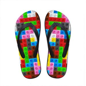 Slipper Anpassade kvinnliga tofflor lägenheter hus 3d tetris tryck sommar mode strandsandaler för kvinnliga damer flip flops gummi flipflops v1ah# 885 flops 359a s