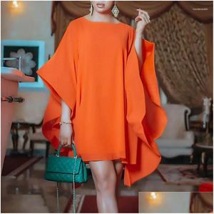 فساتين أساسية غير رسمية Lemongor 2023 أنيقة Batwing Sleeve Party Evening Orange Dress Summer Fashion Solid Solid Round-Dound Mini for Dh3pw