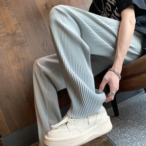 Summer Casual Pants Men Black Gray Ice Silk Japanese Streetwear Hiphop Loose Straight Trousers Mens Pleated 240513