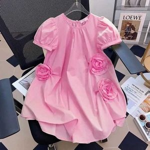 Girl's Dresses 2-14 year old summer teenage girl dress solid color floral decoration party dress childrens birthday gift d240515