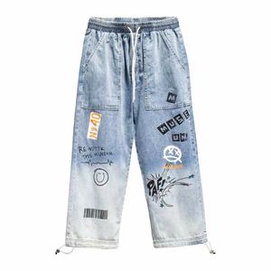 Летние буквы напечатанные джинсы дизайнер мужски для мультипликационных шнурков шнурки с джинсовыми брюками Длинные брюки велосипед
