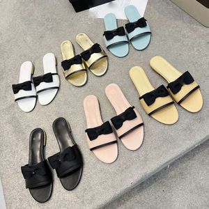 Flower Camellia Designer Slippers Bowknot Fashion Italy Luxury Slides Sandals For Womens Ladies Youth Summer Sliders Shoes Flat Leather Mules 383