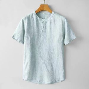 Linen Men Summer Summer Manga curta T-shirt casual respirável linhagem de algodão tshirts tshirts exclusivos de retalhos de retalhos relaxados ajuste 240515
