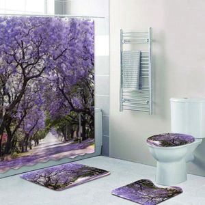 Shower Curtains Romatic 3D Violet Flower Alley Blossom Curtain Set For Bathroom Waterproof Jacaranda Floral Bath Mat Rug Carpet